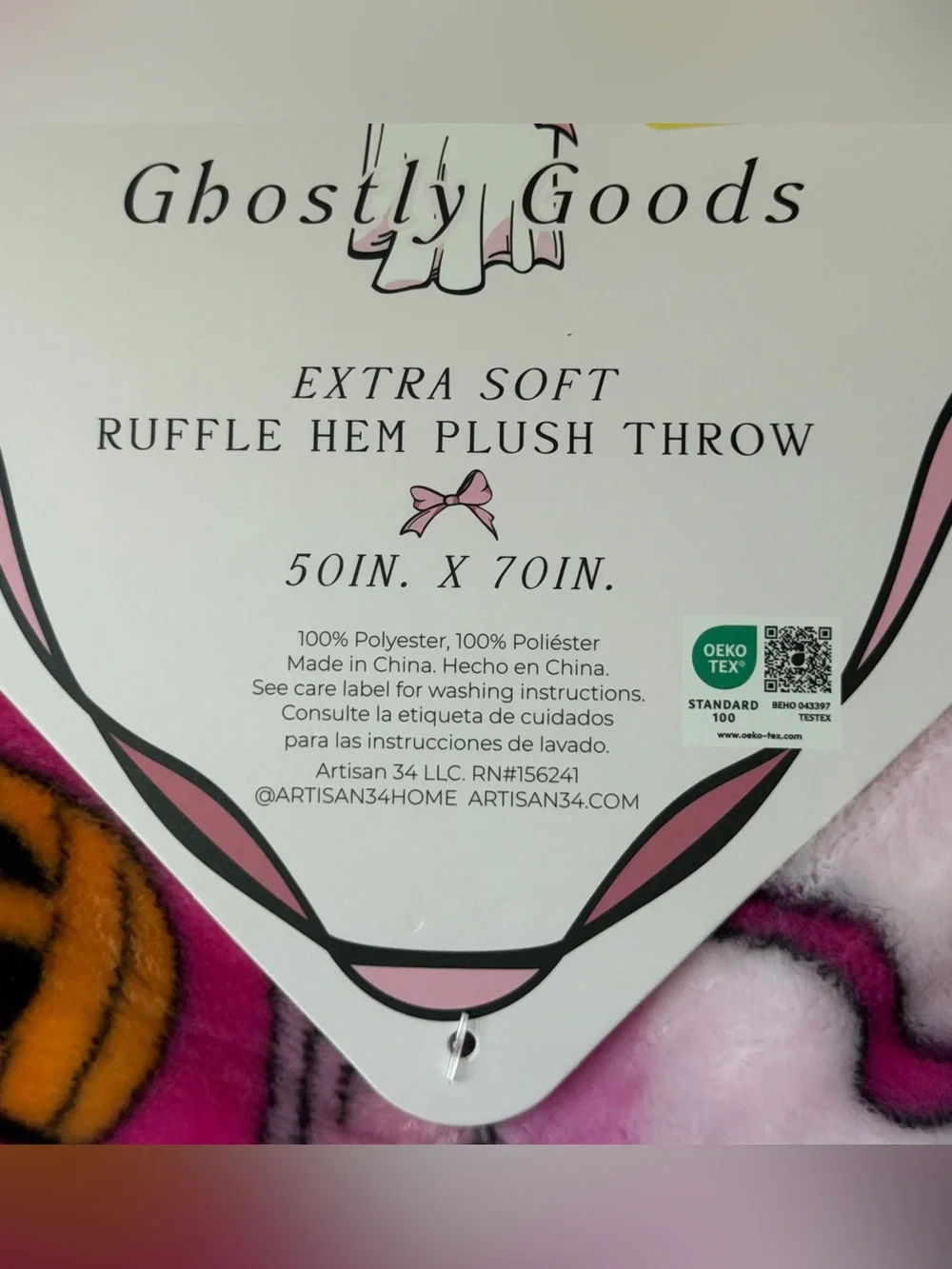 Pink ruffle Halloween throw blanket bows ghosts coffee skeleton vintage style